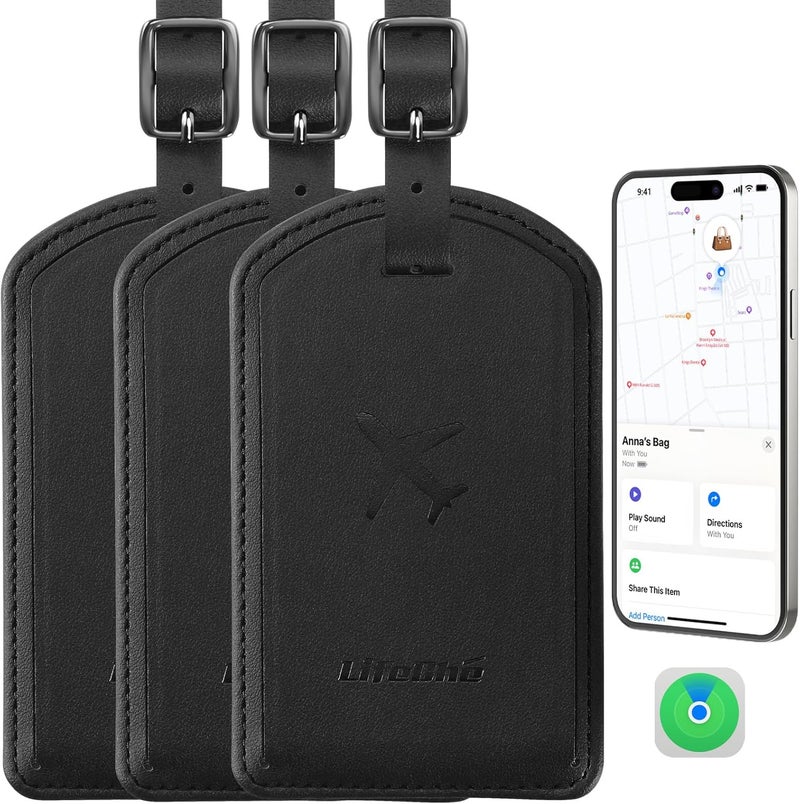 LifeChé Luggage Tags Built-in Anti-Loss Tracker, Luxury Leather Luggage Tags for Suitcase, Travel Bags, Backpacks, Travel Organizer for Lost Baggage Prevention (Black*3 Pack) - Image 1